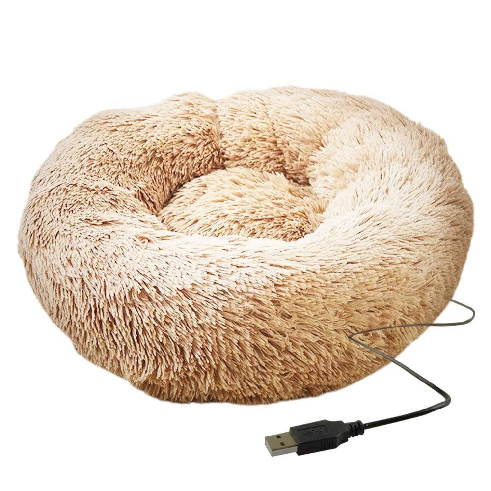 Round Dog Bed Soft Plush Pet Beds USB Heating Donut round Beds for Dog Cat Comfortable House Pet Supplies Accessories